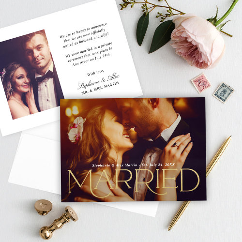 Married Elegant Gold Type Wedding Photo Announcement