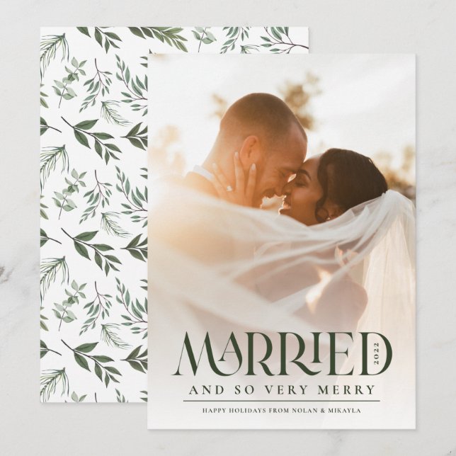 Married Elegant Green Typography Photo Christmas Holiday Card (Front/Back)