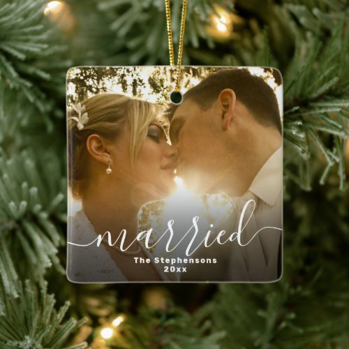 Married Elegant Script Overlay Double Sided Photo Ceramic Ornament