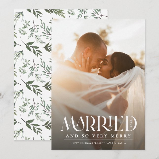 Married Elegant White Typography Photo Christmas Holiday Card (Front/Back)