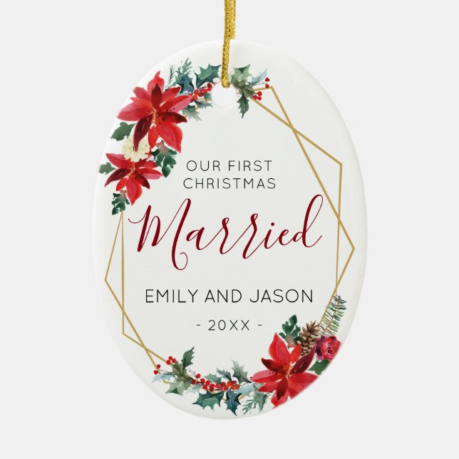 Married First Chrismas Red Poinsettia elegant Ceramic Ornament (Front)
