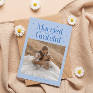 Married & Grateful Wedding Photo Icy Blue Thank You Card