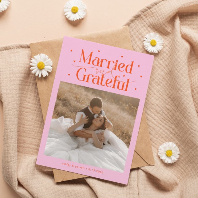 Married & Grateful Wedding Photo Orange Pink Thank You Card (Creator Uploaded)