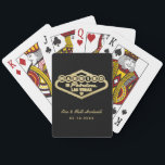 Married in Fabulous Las Vegas Black Gold Poker Cards<br><div class="desc">Bold black and gold deliver a dramatic, sophisticated look on these personalized Las Vegas wedding monogram playing cards. Features a Married In Fabulous Las Vegas sign design in gold with customizable couple names and wedding date. All text is fully editable with your details. A striking wedding favor and reception keepsake...</div>