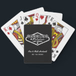 Married in Fabulous Las Vegas Black Wedding Poker Cards<br><div class="desc">These unique and fun custom "Married in Fabulous Las Vegas" wedding favor playing cards feature a design inspired by the Welcome to Las Vegas,  Nevada" sign,  along with monogram text that can be personalized with the couple's name and wedding date. Black and white colors can be modified.</div>