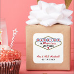 Married in Fabulous Las Vegas Red Wedding Monogram Square Sticker<br><div class="desc">Custom "Married in Fabulous Las Vegas" wedding favor stickers / envelope seals feature a monogram of the bride and groom's names and wedding dates. Black,  red,  blue,  and yellow design colors.</div>