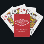 Married in Fabulous Las Vegas Red White Poker Cards<br><div class="desc">Bold red and crisp white capture classic Vegas energy on these personalized wedding monogram playing cards. Features a Married In Fabulous Las Vegas sign design in white with customizable couple names and wedding date. All text is fully editable with your details. A vibrant and festive wedding favor that brings the...</div>