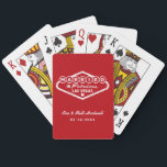 Married in Fabulous Las Vegas Red White Poker Cards<br><div class="desc">Bold red and crisp white capture classic Vegas energy on these personalized wedding monogram playing cards. Features a Married In Fabulous Las Vegas sign design in white with customizable couple names and wedding date. All text is fully editable with your details. A vibrant and festive wedding favor that brings the...</div>