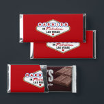 Married in Fabulous Las Vegas Wedding Monogram Hershey Bar Favors<br><div class="desc">These unique and fun custom "Married in Fabulous Las Vegas" wedding Hershey Chocolate Bar favors feature a design inspired by the Vegas welcome sign on the front, with a monogram of the bride and groom's names and wedding date on the back. Red background with black, white, blue, yellow, and gray...</div>