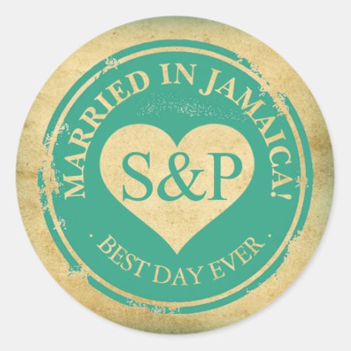 Married in Jamaica Beach Wedding Heart Monogram Classic Round Sticker