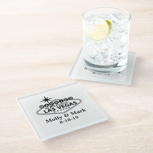 Married in Las Vegas Personalized Wedding Favor Glass Coaster (Angled)