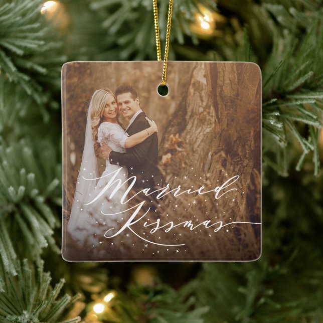 Married Kissmas Mr And Mrs Holiday Wedding Photo Ceramic Ornament (Tree)
