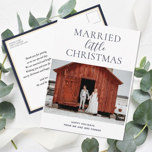 Married Little Christmas Blue Script Modern Photo Holiday Postcard