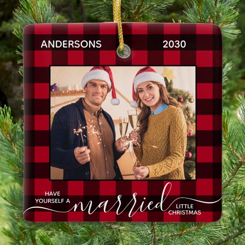 Married Little Christmas Red Plaid Newlywed Photo Ceramic Ornament