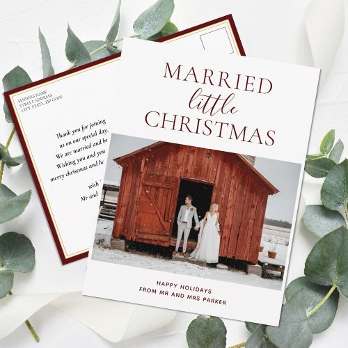 Married Little Christmas Red Script Modern Photo Holiday Postcard