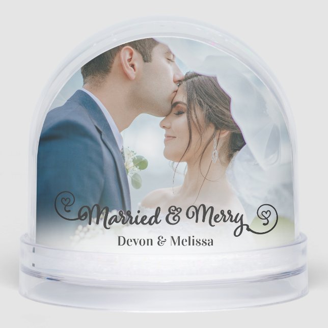 Married & Merry 1st Christmas Calligraphy Wedding Snow Globe (Front)