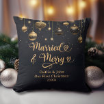 Married Merry 1st Christmas Newlywed Gold Black Throw Pillow<br><div class="desc">Looking for a way to make your loved ones' first Christmas as a married couple extra special? This "Our First Christmas Married and Merry" throw pillow with gold ornaments on a black background is the perfect gift idea! With its clean and modern font and classic holiday colors, this pillow will...</div>