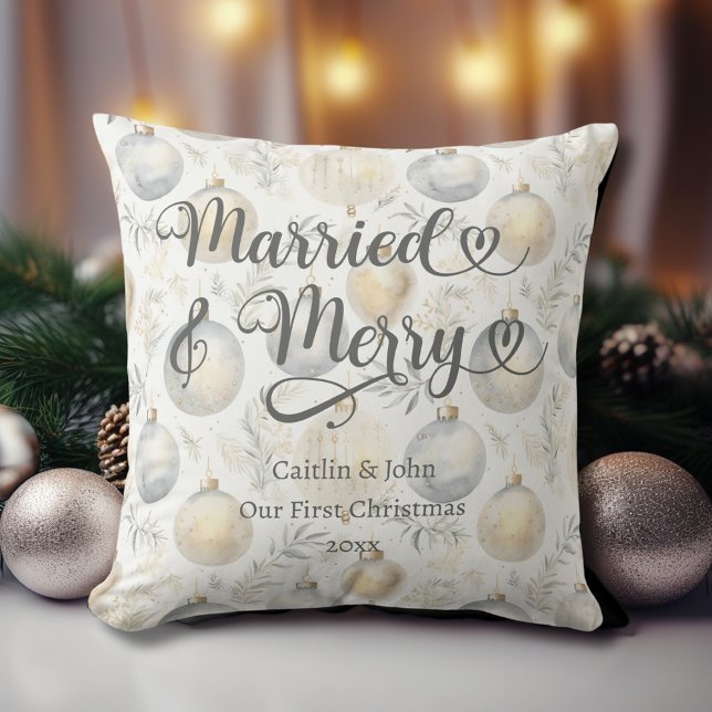 Married Merry 1st Christmas Newlywed Gold Ornament Throw Pillow (Married & Merry Newlyweds 1st Christmas Pillow with gold and platinum ornaments, couple names, date.)