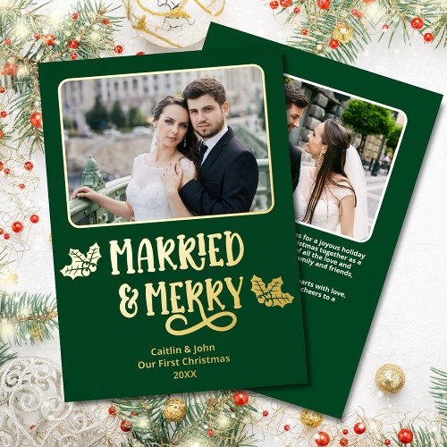 Married Merry 1st Christmas Newlywed Photo Green Foil Holiday Card