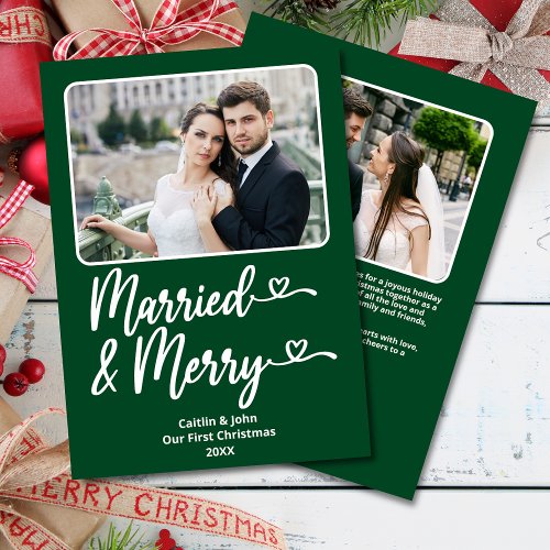 Married Merry 1st Christmas Newlywed Photo Green Holiday Card