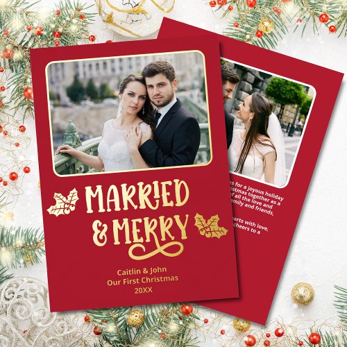 Married Merry 1st Christmas Newlywed Photo Red Foil Holiday Card