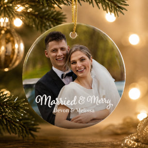 Married & Merry 1st First Christmas Photo Overlay Ceramic Ornament