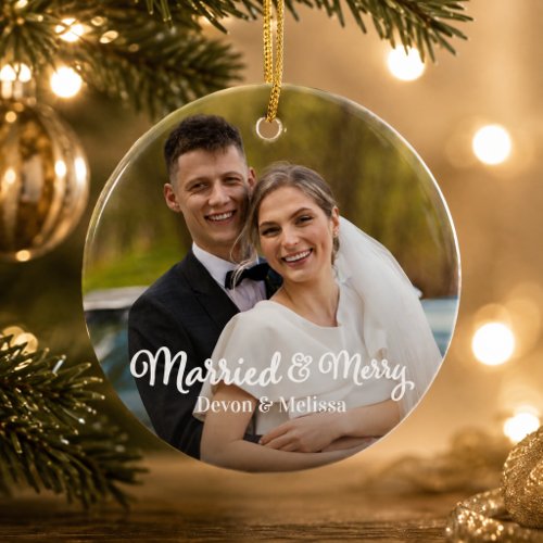 Married &amp; Merry 1st First Christmas Photo Overlay Ceramic Ornament