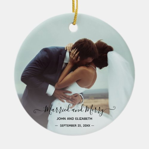 Married Merry 2 Photo Bride Groom First Christmas Ceramic Ornament