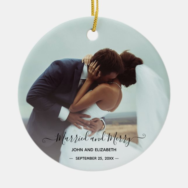 Married Merry 2 Photo Bride Groom First Christmas Ceramic Ornament (Front)