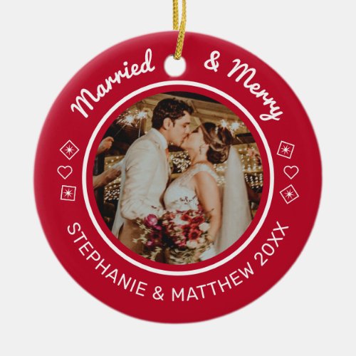 Married  Merry 2 Photo Modern Red Ceramic Ornament