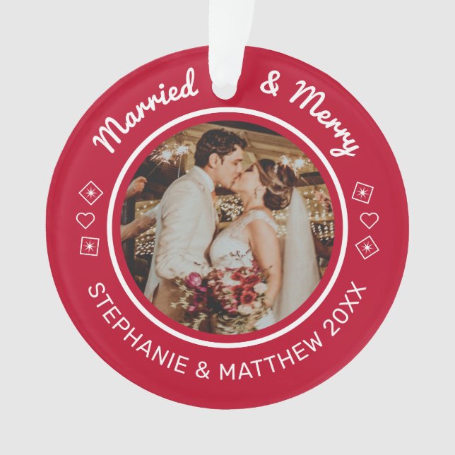 Married & Merry 2 Photo Modern Red Ornament (Front)