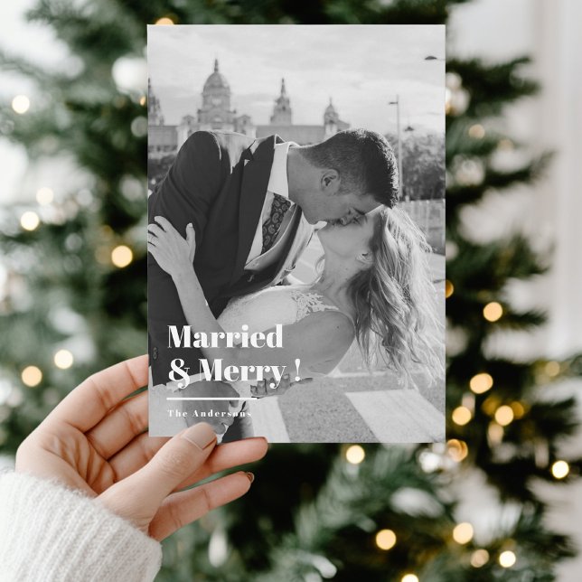 Married & Merry Black & White Christmas Photo  Holiday Card (Creator Uploaded)