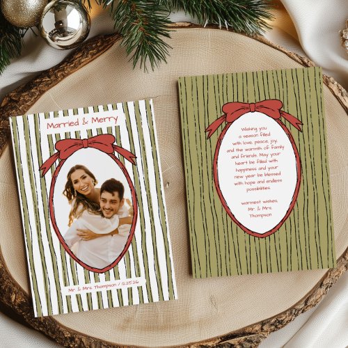 Married & Merry Bow Green Stripes Photo Christmas Holiday Card