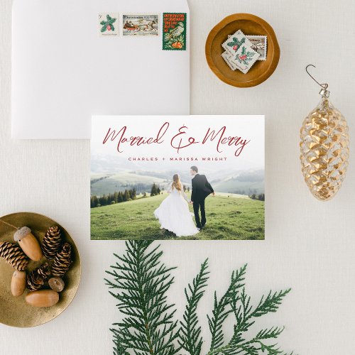 Married  Merry Brush Script Christmas Full Photo Holiday Card