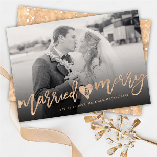 Married & Merry Brush Script Photo Modern Wedding  Holiday Card