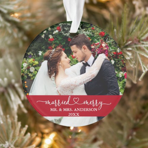 Married Merry Calligraphy Heart Photo Wedding Red Ornament