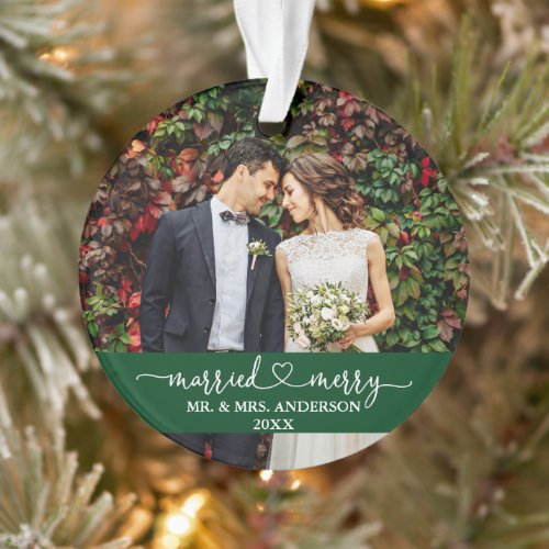 Married Merry Calligraphy Heart Wedding Green Ornament