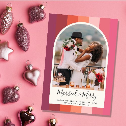 Married Merry Christmas Arched Photo Pink Orange Holiday Card