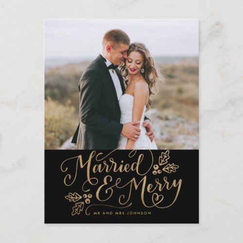 Married  Merry Christmas Handlettered Photo Gold Postcard