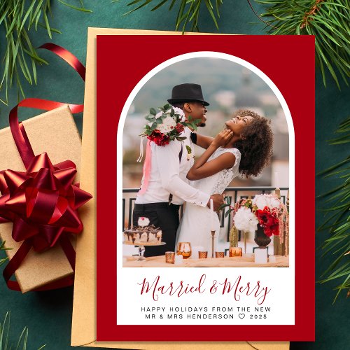 Married Merry Christmas Photo Arched Frame Red Holiday Card
