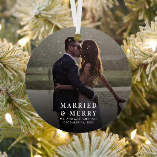 Married  Merry Christmas Wedding Photo Festive Metal Ornament