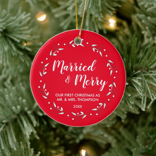 Married & Merry Christmas Wreath Wedding Photo Ceramic Ornament (Tree)