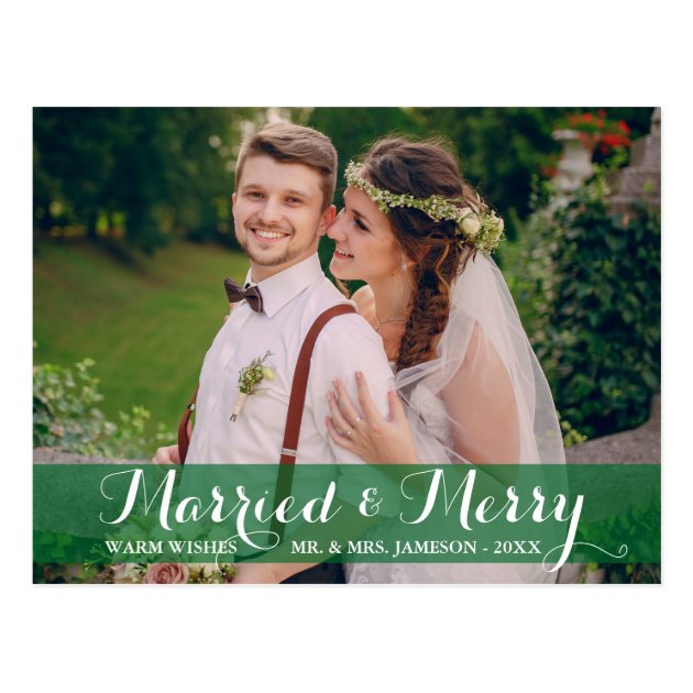 Married & Merry Couple Photo Postcard Green Trim