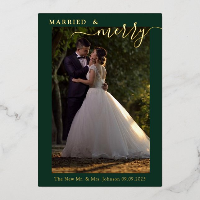 Married & Merry Couple's 1st Christmas Photo Gold  Foil Holiday Card (Front)