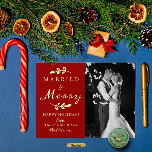 Married  Merry Couples 1st Christmas Photo Real Foil Holiday Postcard