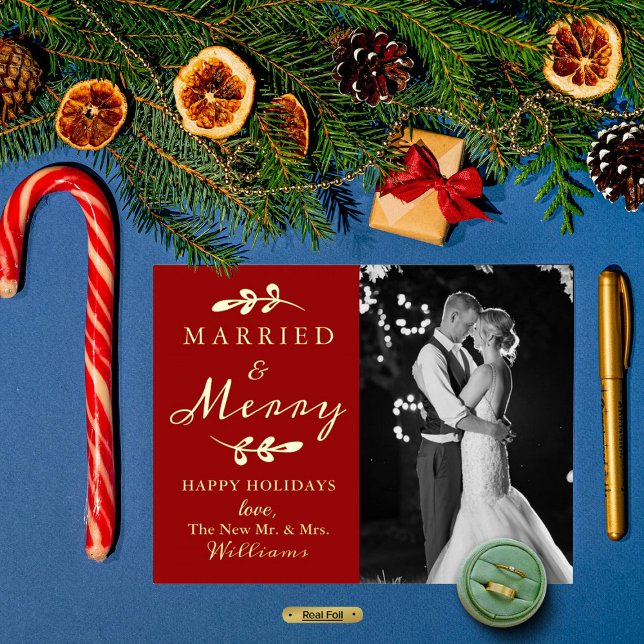 Married & Merry Couple's 1st Christmas Photo Real Foil Holiday Postcard (Creator Uploaded)