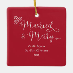 Married Merry Custom 1st Christmas Newlywed Green Ceramic Ornament