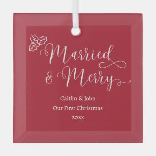 Married Merry Custom First Christmas Newlywed Red Glass Ornament