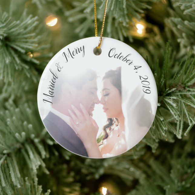 Married & Merry Custom Newlywed Photo Ceramic Ornament (Tree)