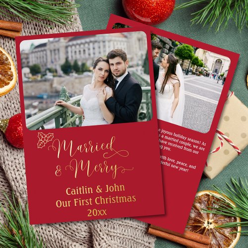 Married Merry Custom Newlyweds First Christmas Red Foil Holiday Card